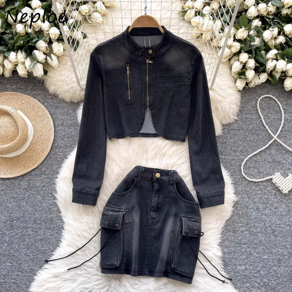

Neploe Hong Kong Style Moda Vintage O Neck Coat Zip Vent All-match Small Fellow Safari Skirt Denim Slim Personalized Suits Dress