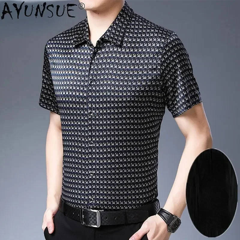 High Quality 92%Mulberry Real Silk Shirt for Men Short Sleeve Stain s Clothing Summer s Camisas