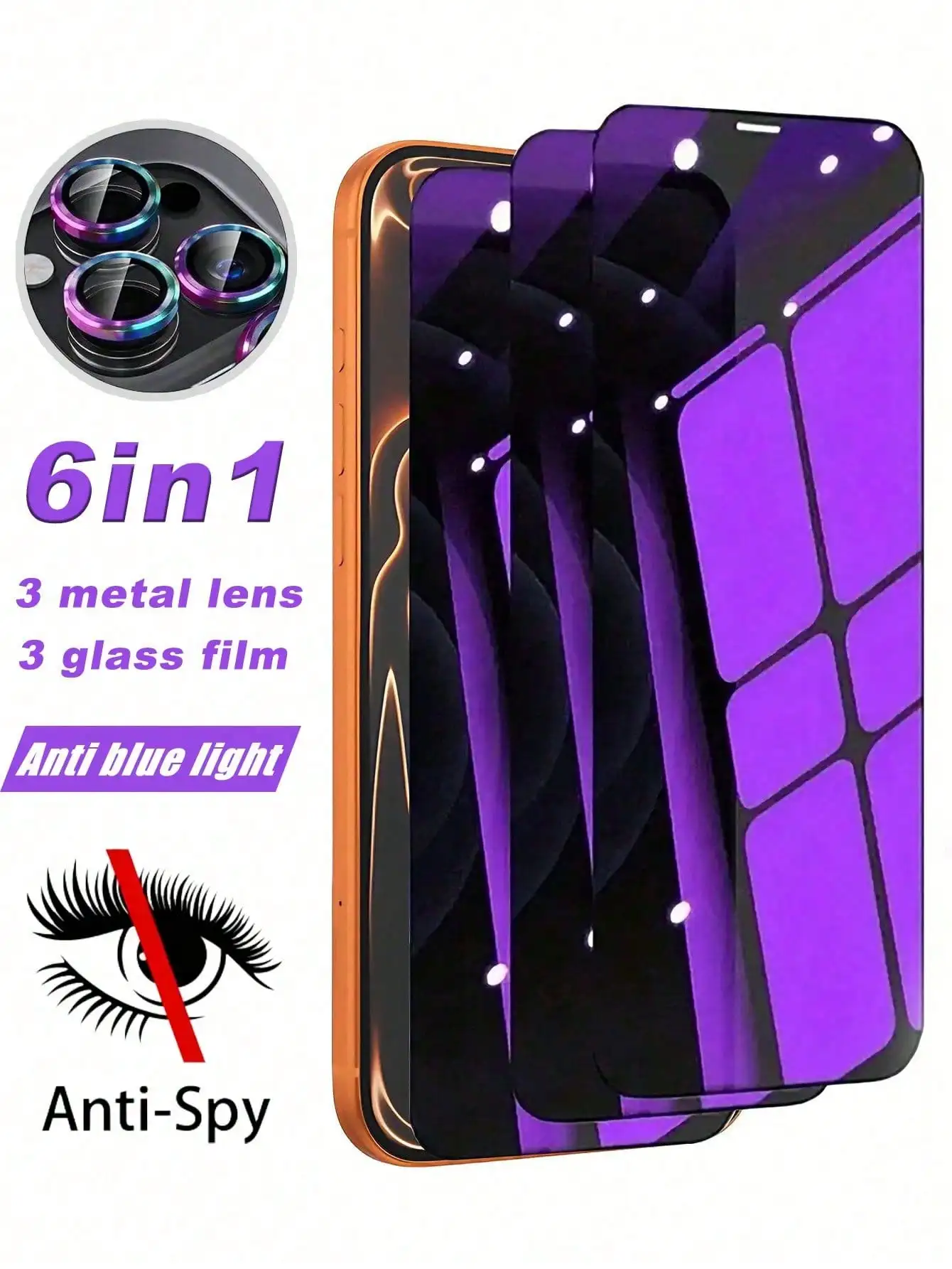 

6-In-1 Pack: 3pcs Purple Anti-Spy Screen Protector + 3pcs Colorful Metal Lens Protector, Compatible With IPhone 17/17 Pro/17 Pro
