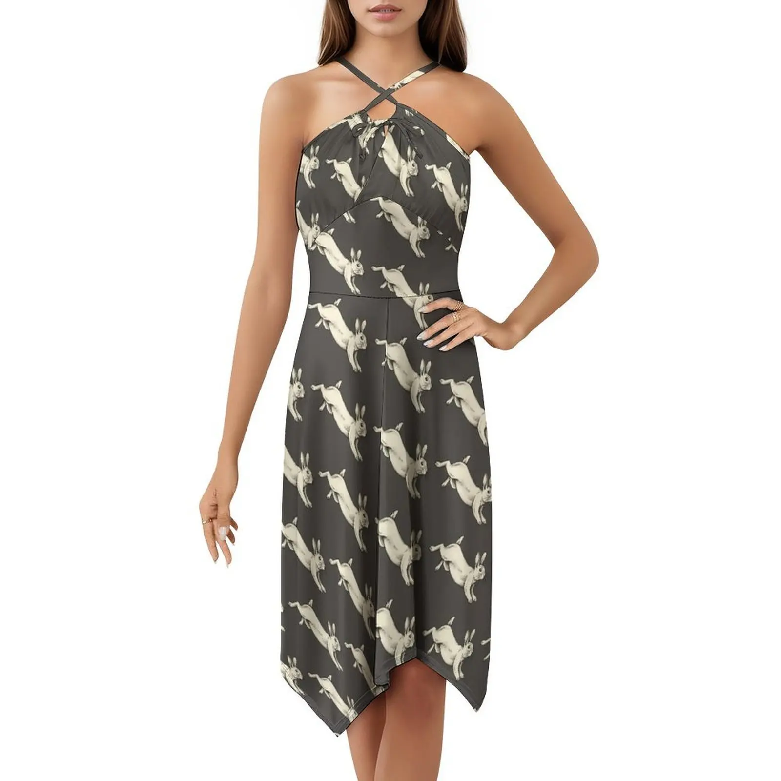 لطيف الأبيض الأرنب الأبيض أرنب ساحر ملصق Forestcore الكورية نمط فستان للنساء فستان كاجوال أنيق للحزب أو يوميا