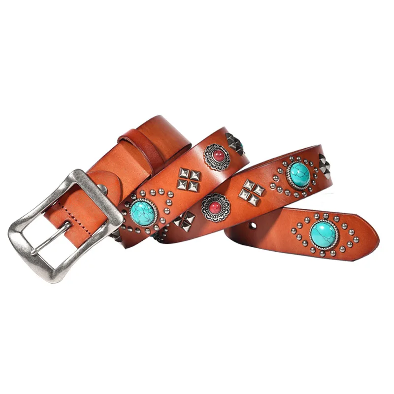 أزياء الرجال بانك الهيب هوب المسامير أحزمة جولة حجر الراين رصع حزام أسود بني جلد أصلي حزام المرأة مصمم المقود #6