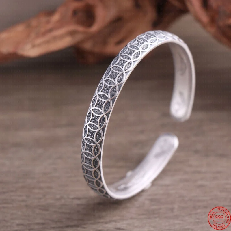 

S999 Sterling Silver Charms Bracelets for Women Men Creative Emboss Ancient Coins Pattern Bangle Punk Jewelry Wholesale