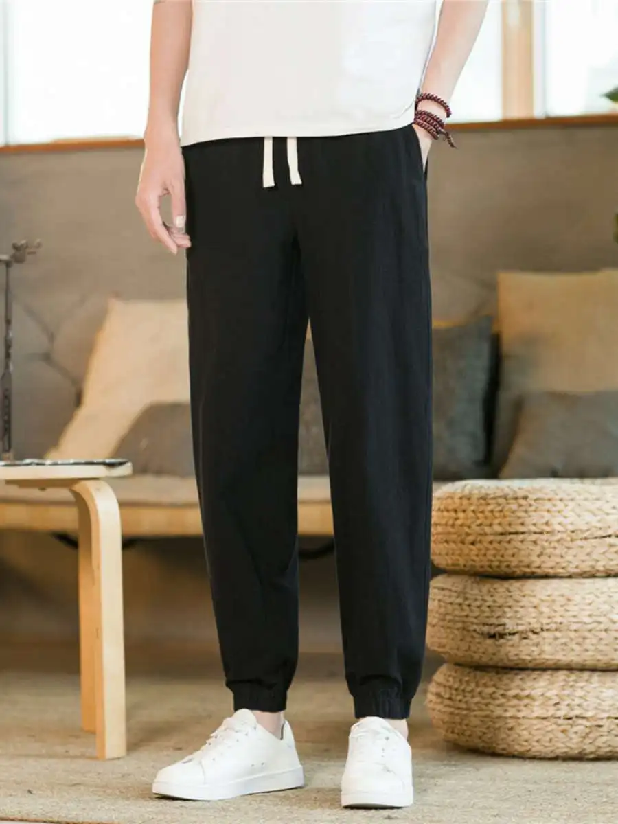

Summer Cotton Linen Men's Pants Spring Autumn Style Loose Fit Casual Nine Points Trousers mid Waist Long Trousers