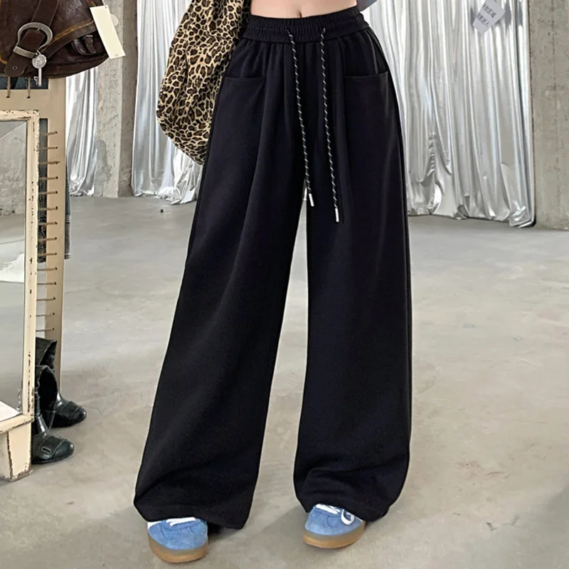 2024 Autumn Women Hip Hop Style Baggy High Waisted Long Pants Lady Versatile Streetwear Solid Color Drawstring Wide Leg Trousers