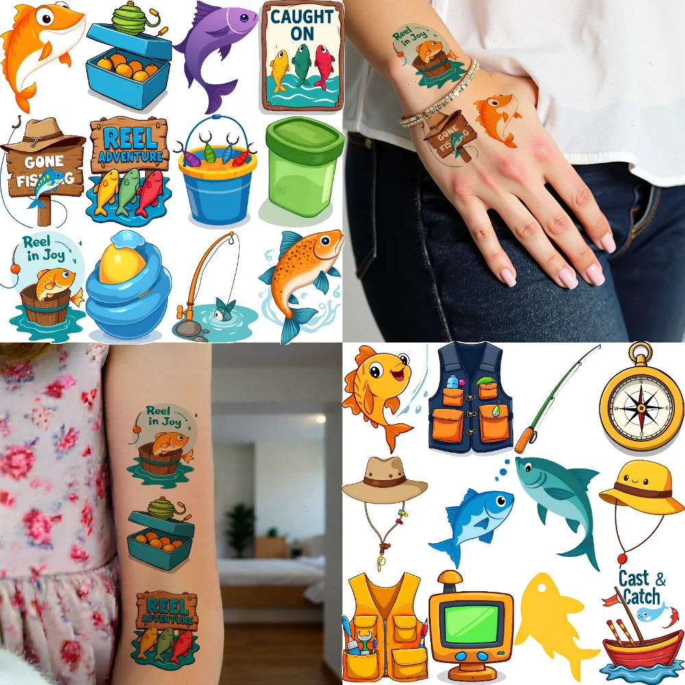 63 Uds tatuaje temporal pegatinas de pesca tatuaje temporal pegatinas pesca aventura dibujos animados para mejillas hombres adultos