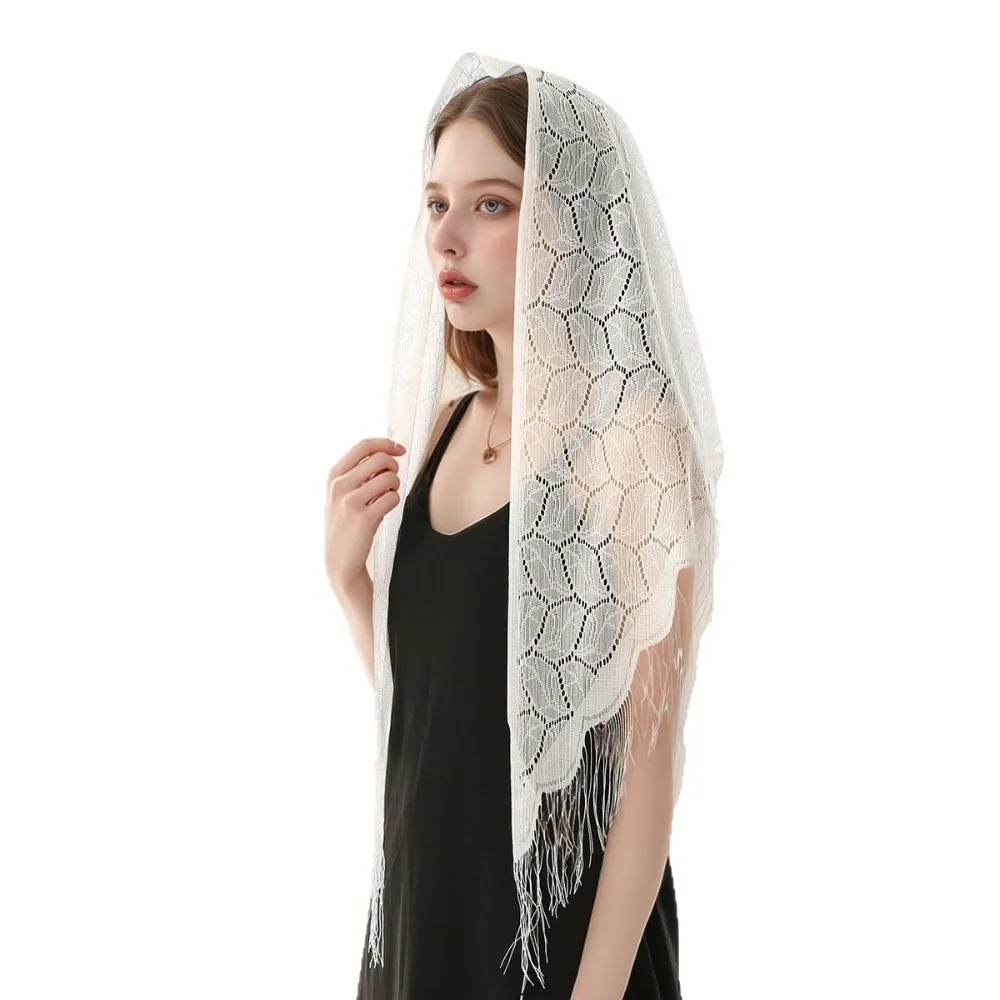 Bridal Polyester Lace Hollow Scarf Embroidery Pure Color Tassel Triangle Shawl Transparent White Mesh Scarves Women