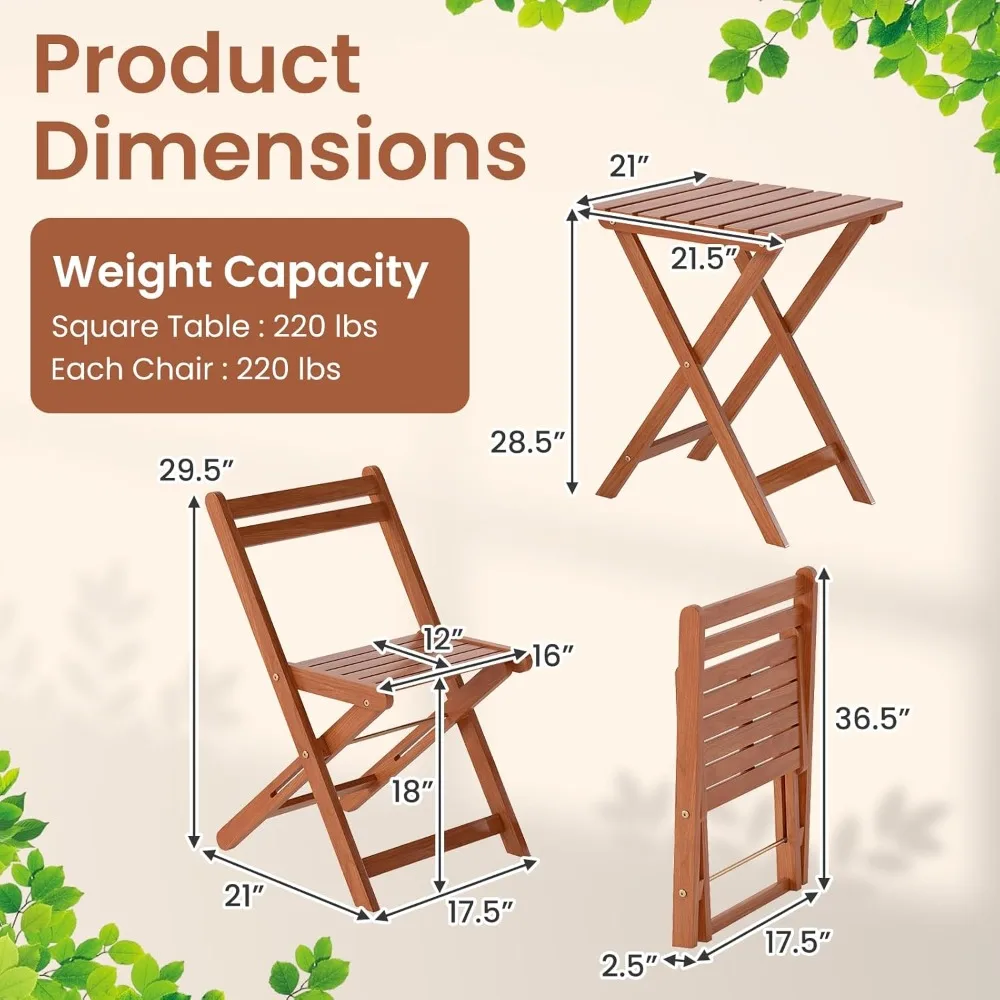 3-Piece Folding Bistro Table and Chairs Set, Solid Wood Small Patio Dining Set, Outdoor Cafe Table