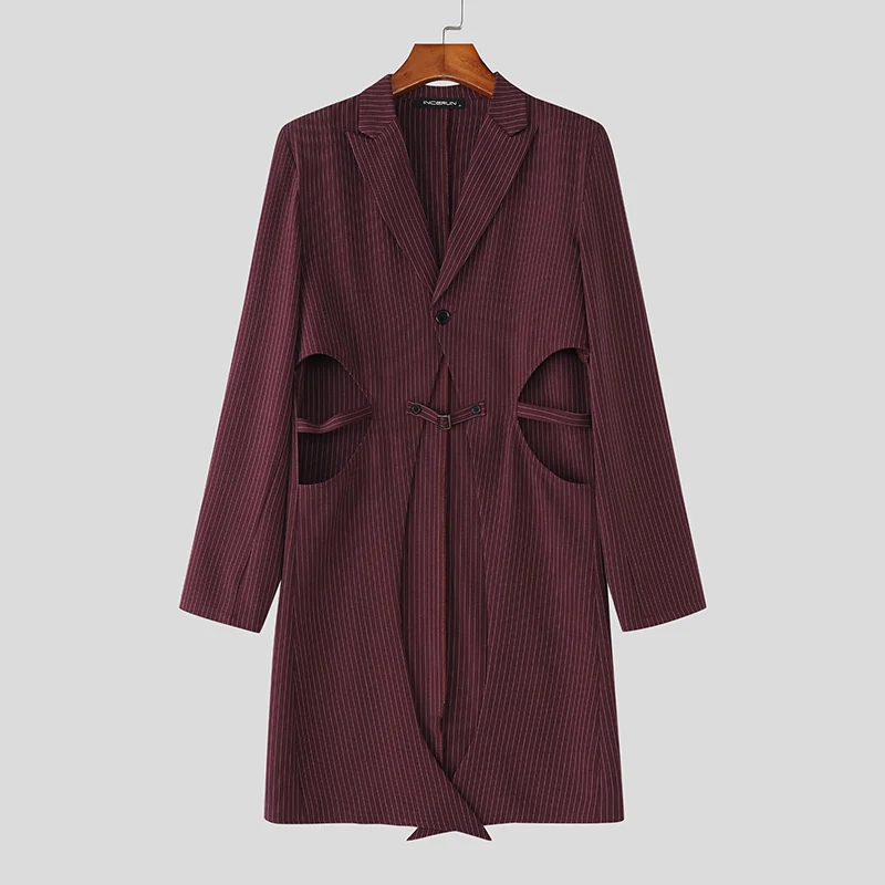 

INCERUN Men Striped Blazer Lapel Long Sleeve Hollow Out Male Suit Streetwear 2025 Fashion Casual Long Style Blazer Thin Coats