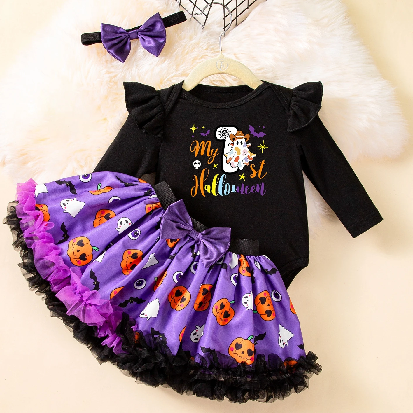Baby Girl Halloween Costume 0-3 Moths Black Newborn Girl Bodysuit with My First Halloween Tutu Skirt Headband Pumpkin Clothes