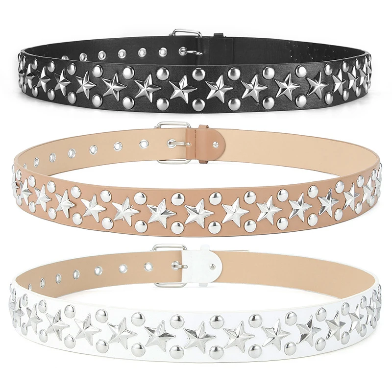 Silver Star Rivet Belt Unisex Fashion Trendy All-Match Jeans Accessories Girdle Hip Hop Punk Y2k Girls Black Pu Waistband