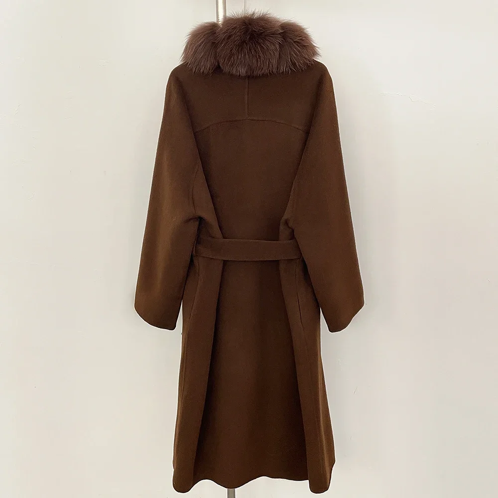 OFTBUY 모피 코트 천연 여우털 칼라 울 모피 코트 럭셔리 고급 여성용 롱 모피 코트 여성 2025 울 혼방 코트