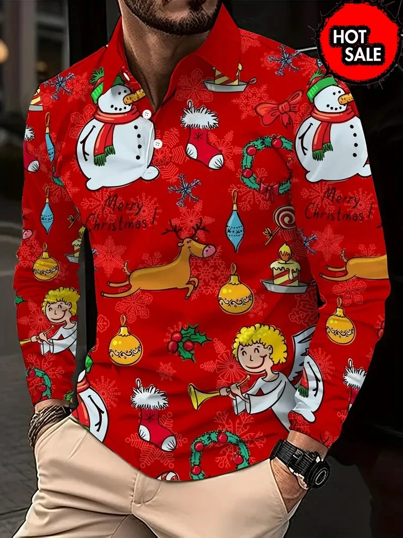 3D Print Christmas Santa Claus Pattern Long Sleeve Polo Shirts For Men New In Casual Mens Turn-down Collar Buttoned Clothing Top