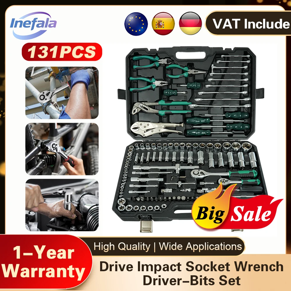 Inefala 37/131/142/216 pièces jeu de douilles d'entraînement 1/2 1/4 3/8 pouces jeu de clés à cliquet ensemble de boîte à outils de réparation automobile pour la maison, l'automobile et la voiture