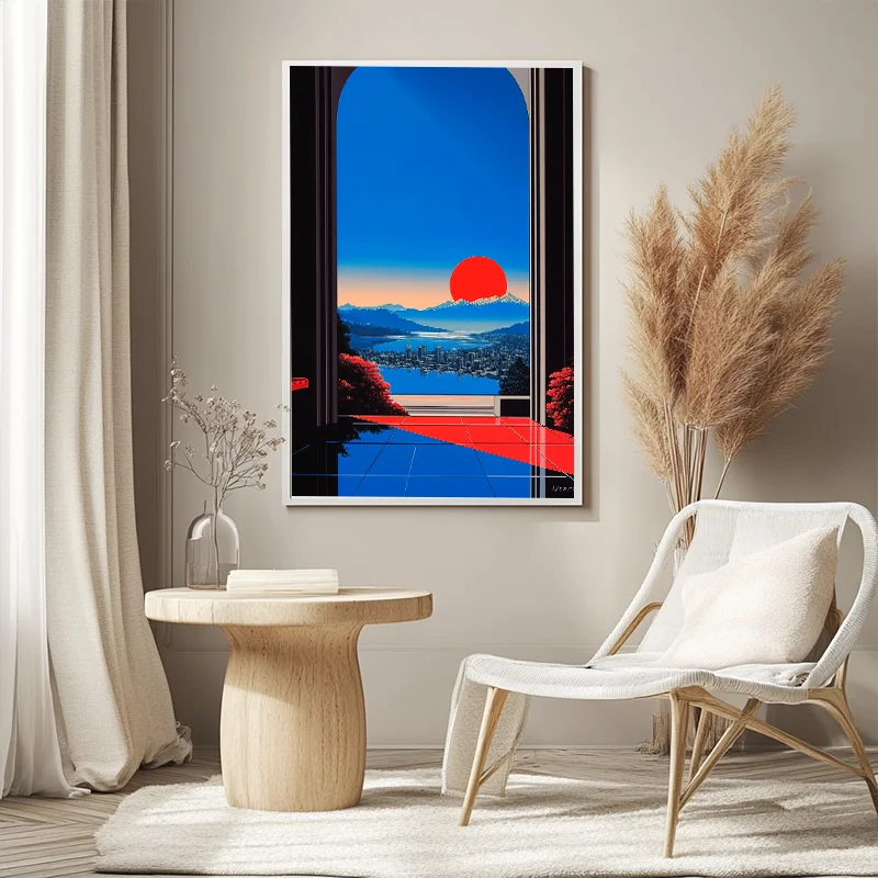 

Modern Cityscape Window View Wall Art Decor Red Sun Blue Mountain Urban Scene Painting Hot Selling Living Room Home Decor