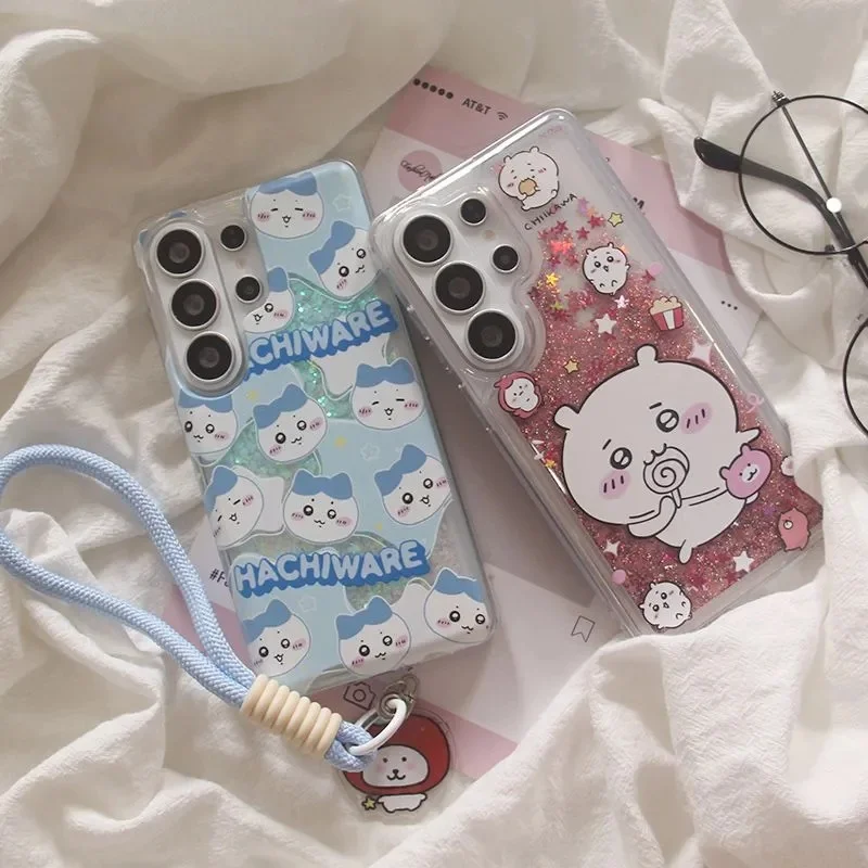 Quicksand Cartoon Chiikawa Phone Case For Samsung S26 S25 S24 S23 Ultra Cute Anime Hachiware Shockproof Soft Cover with Lanyard