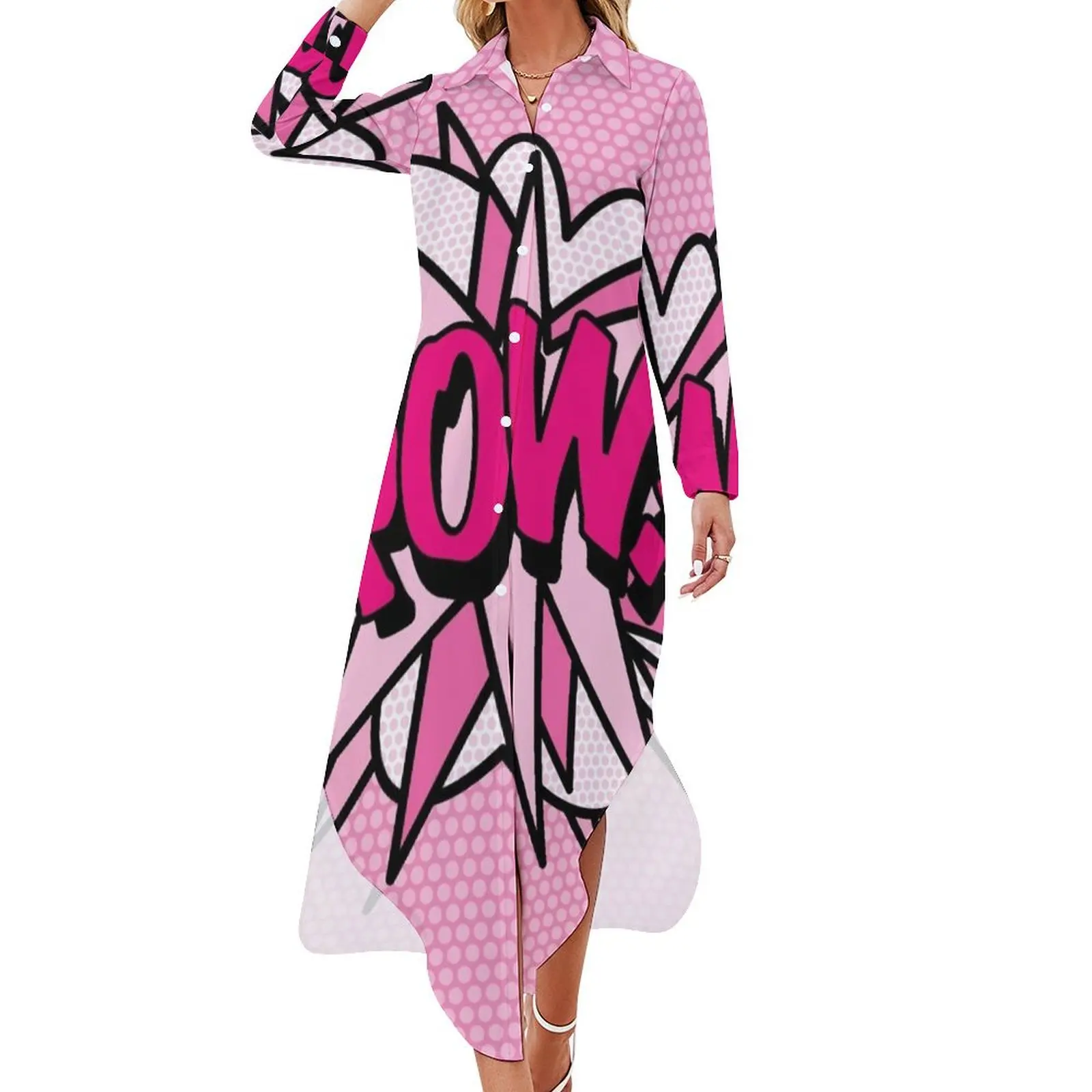 POW Pink Comic Book Pop Art Modern Fun Typography Design Long Sleeved Shirt Dress Female clothing elegant women's sets