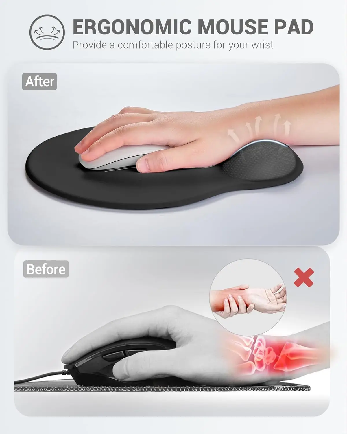 Tapis de souris ergonomique antidérapant, support de poignet confortable, sous-souris en gel