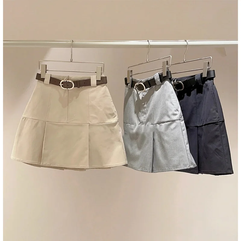 

WAKUTA Casual Short Half-length Jupe 2024 Spring with Belt Slim Fit Mujer Faldas Harajuku Solid Color A-line All-match Skirt