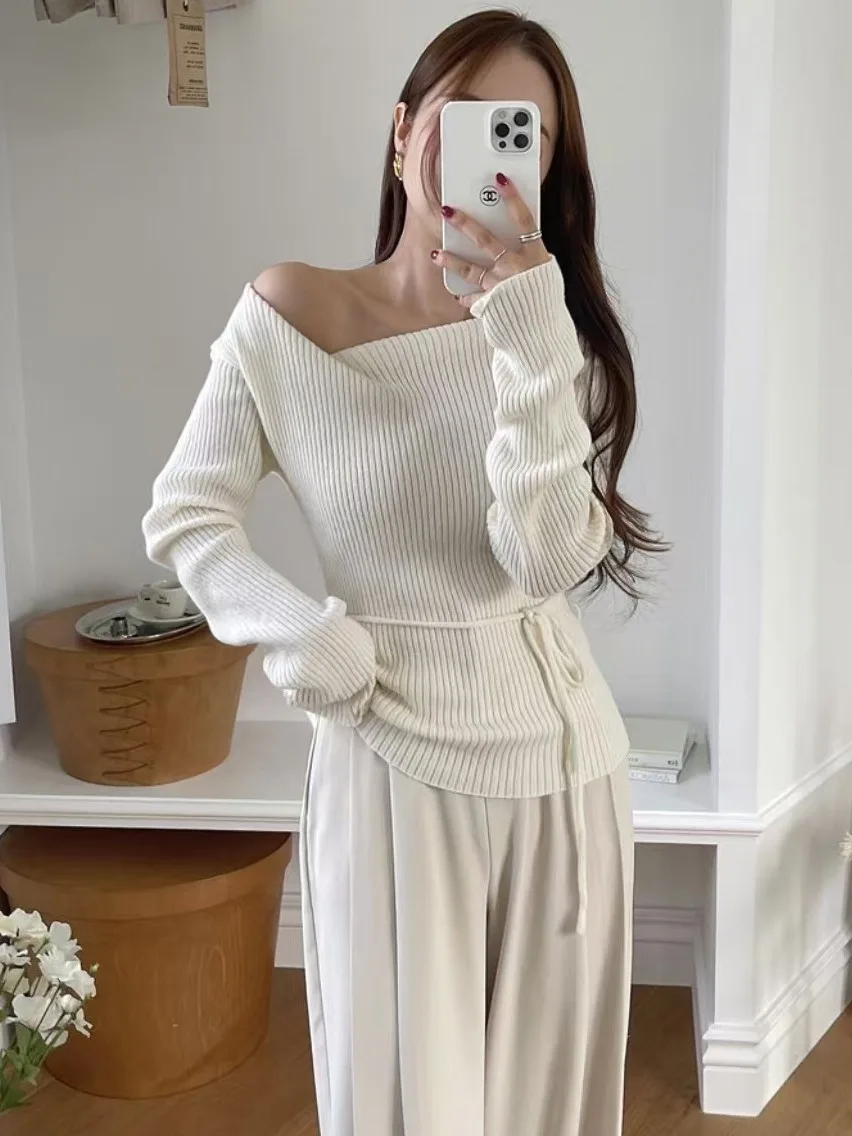 Suéter de Punto de Manga Larga con Cuello en V de Diseño Otoñal para Mujer, Top E y Deado con Hombros Descubiertos, ...