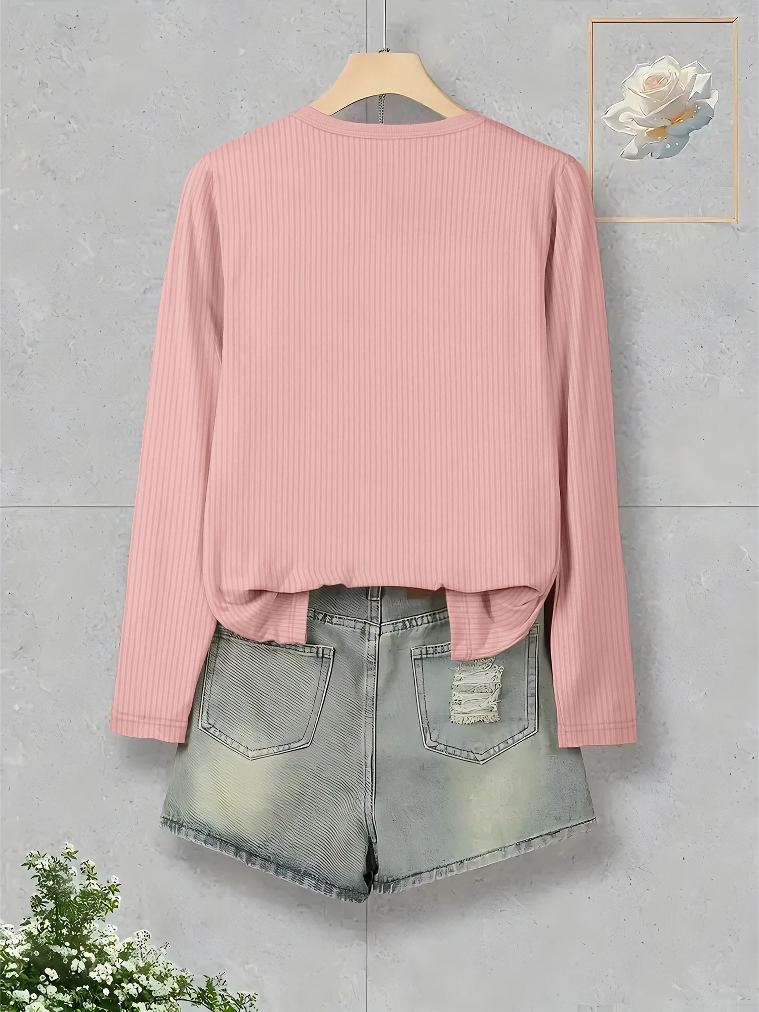 Round Neck Rib Knit Cropped Long Sleeve Top, Body-Hugging Basic Shirt for Retro Urban Streetwear & Casual Date Outfits
