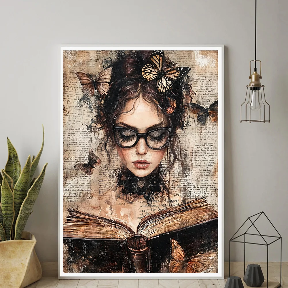 

Woman Butterfly Book Painting, Feminine Scholar Vintage Wall Art Poster, Gothic Dark Picture, Library Home Decor, Canvas Print