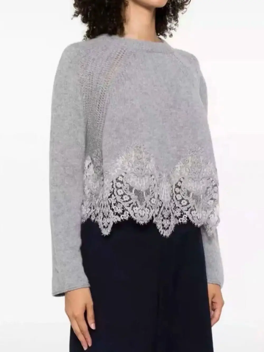 

Women Lace Embroidery Knitted Pullover Spring 2026 Hollow Out Round Neck Long Sleeve Elegant Female Sweater