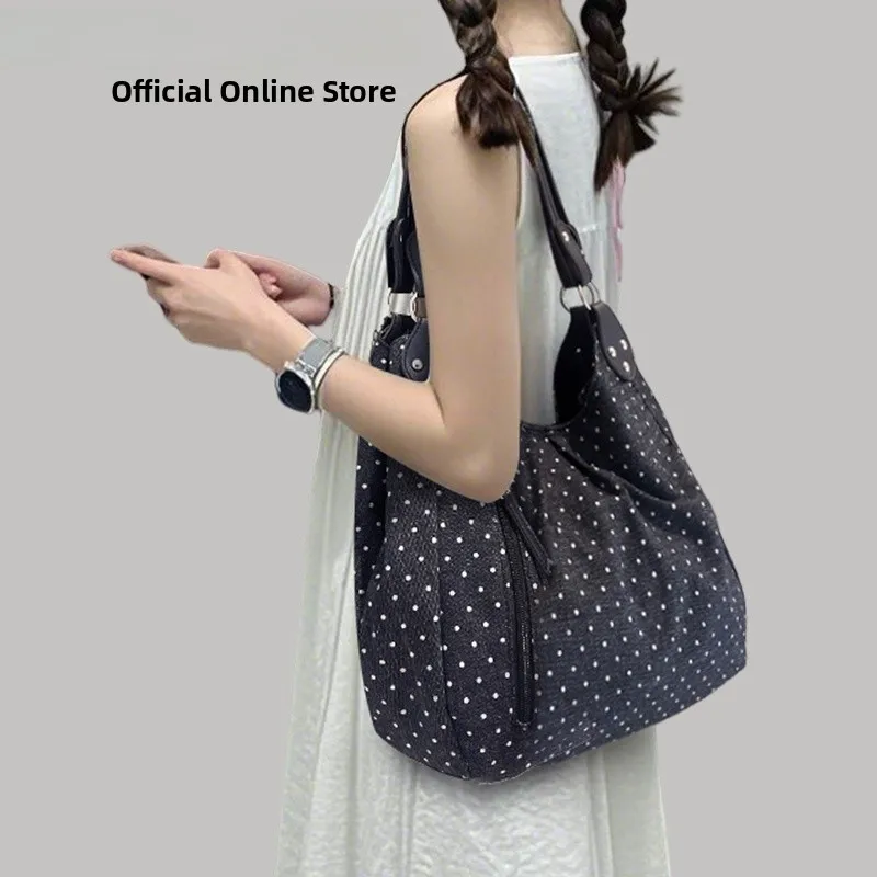 

URERL REWNVO Polka Dot Canvas Tote Bag Women's 2025 New Commuter Casual Large Capaci Single oulder Bag Korean Sle