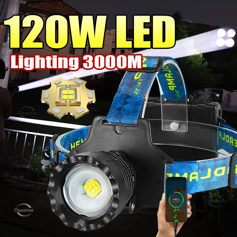 

Super Powerful 120W LED Headlamp 1000000LM Strong Light Head Flashlight Large Aperture Headlight 4-core Long Range 3km Headlamp