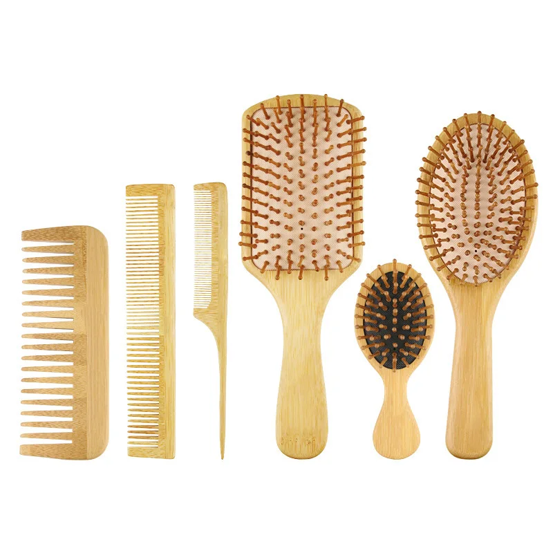 6 Pcs/Set Hair Brush Set Natural Bamboo Comb Detangling Hairbrush Wide-tooth & Tail Comb Thick/Thin/Curly/Dry Hair Comb Gift Kit