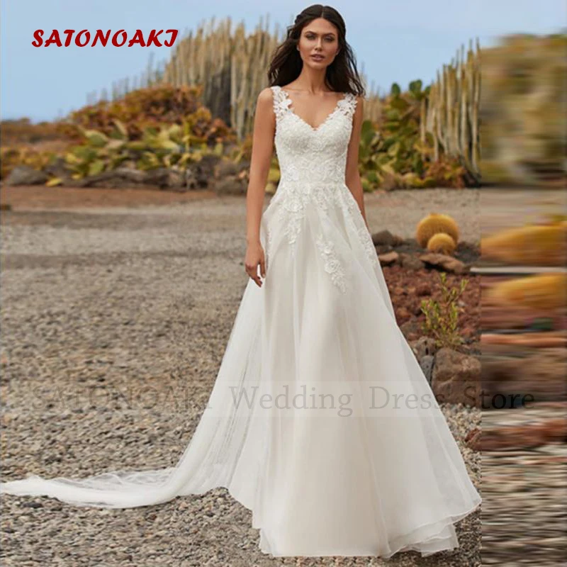 

Vestidos De Novia Elegant Boho V-Neck Lace Wedding Dresses A-Line Sweep Train Appliques Sleeveless Bride Gown Robe Mariée Custom