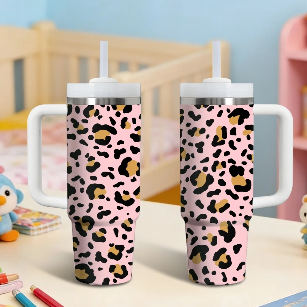 Leopard Vacuum Flasks 40oz Stainless Steel Vacuum Insulated Tumbler with Straw Leak Resistant Travel Mug