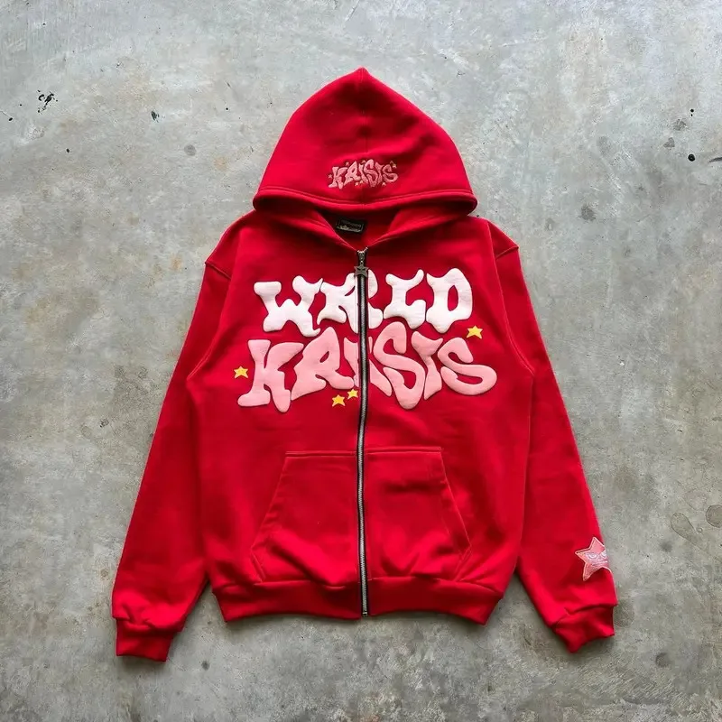 هاراجوكو سترة بغطاء للرأس من الفوم بحروف وردية أوروبية وأمريكية كلاسيكية فضفاضة غير رسمية للرجال والنساء ملابس y2k بغطاء للرأس بسحاب