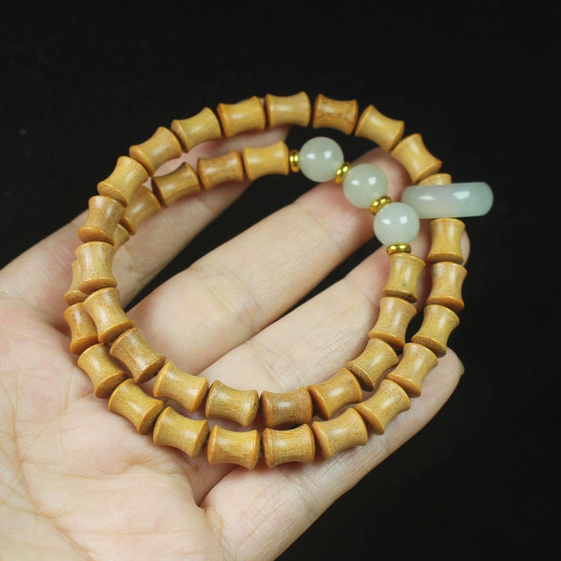 Sandalwood bamboo knot double-layer bracelet with running ring design, unisex Buddhist prayer beads jewelry