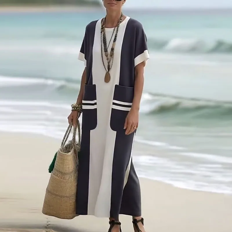Abito da spiaggia per le vacanze elegante girocollo primaverile Abito da donna chic patchwork di colori a contrasto Abito lungo estivo a maniche corte con spacco Boho