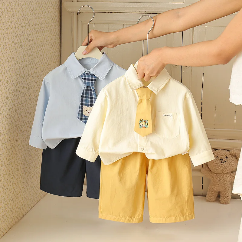 Baby Boys Suit Set Shirt Tie Pants Three Piece Outfit School Style Formal Wear for Newborn Infant 1st Birthday Photo Shoot Gift