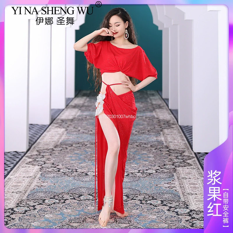 

Восточная одежда для танца живота, костюм для танца живота, женский марлевый топ с короткими рукавами, сексуальная длинная юбка с разрезом, 2 предмета, восточный тренировочный костюм