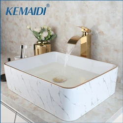 KEMAIDI Modern Gold Edge Square White Ceramic Bathroom Vessel Sink Faucet Tap Set Ceramic Basin Wash Basin Bathroom Sink Counter