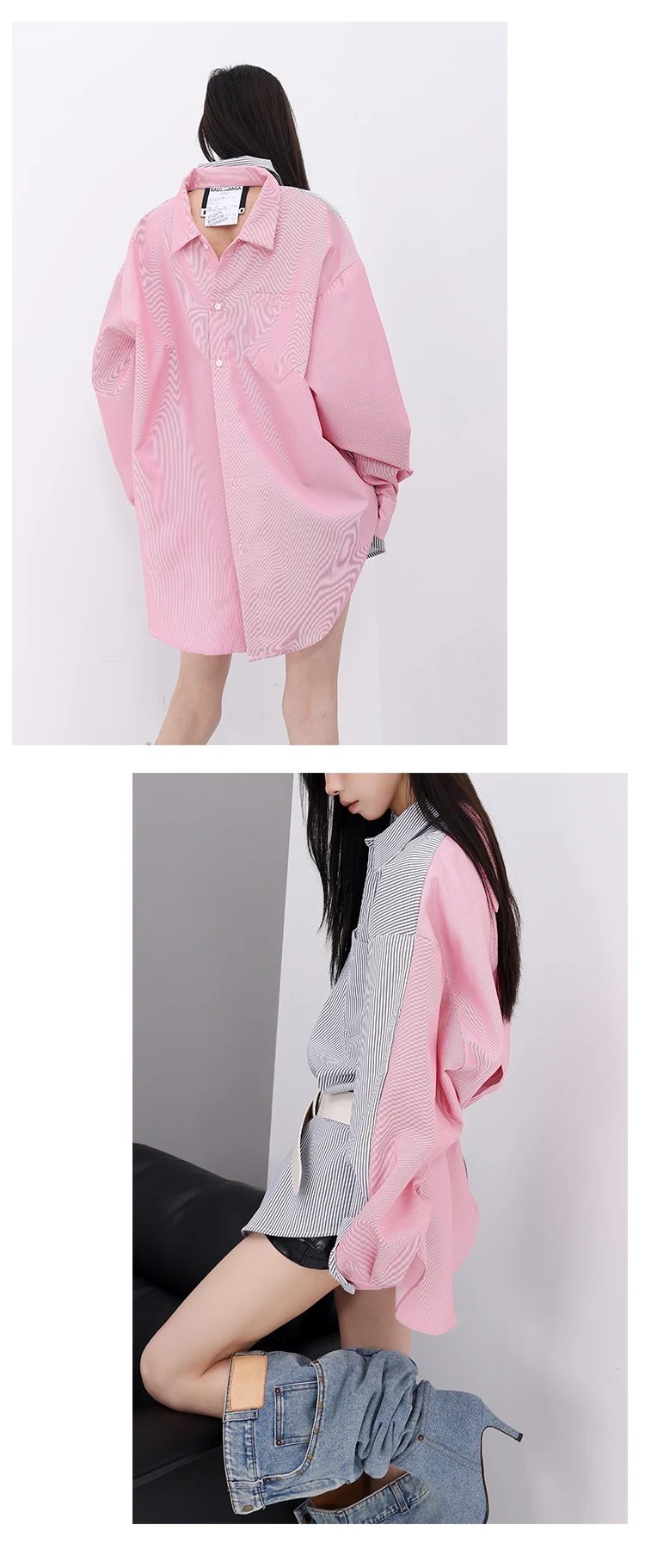 Design Sense Splicing Double-sided Striped Shirt Fashion Y2k Women's Silhouette Contrasting Color Long Style Shirts Tops