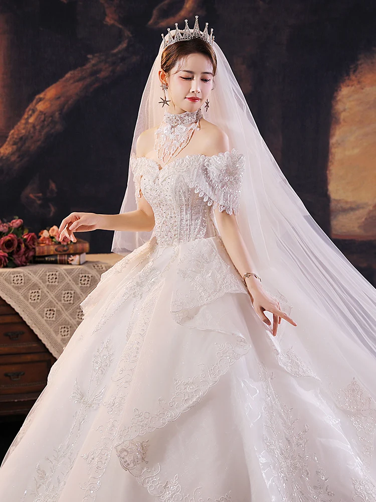 

Off The Shoulder Vintage Exquisite Wedding Dresses Lace Appliques Beading Princess Ball Gowns Plus Size Vestido Noiva Customized