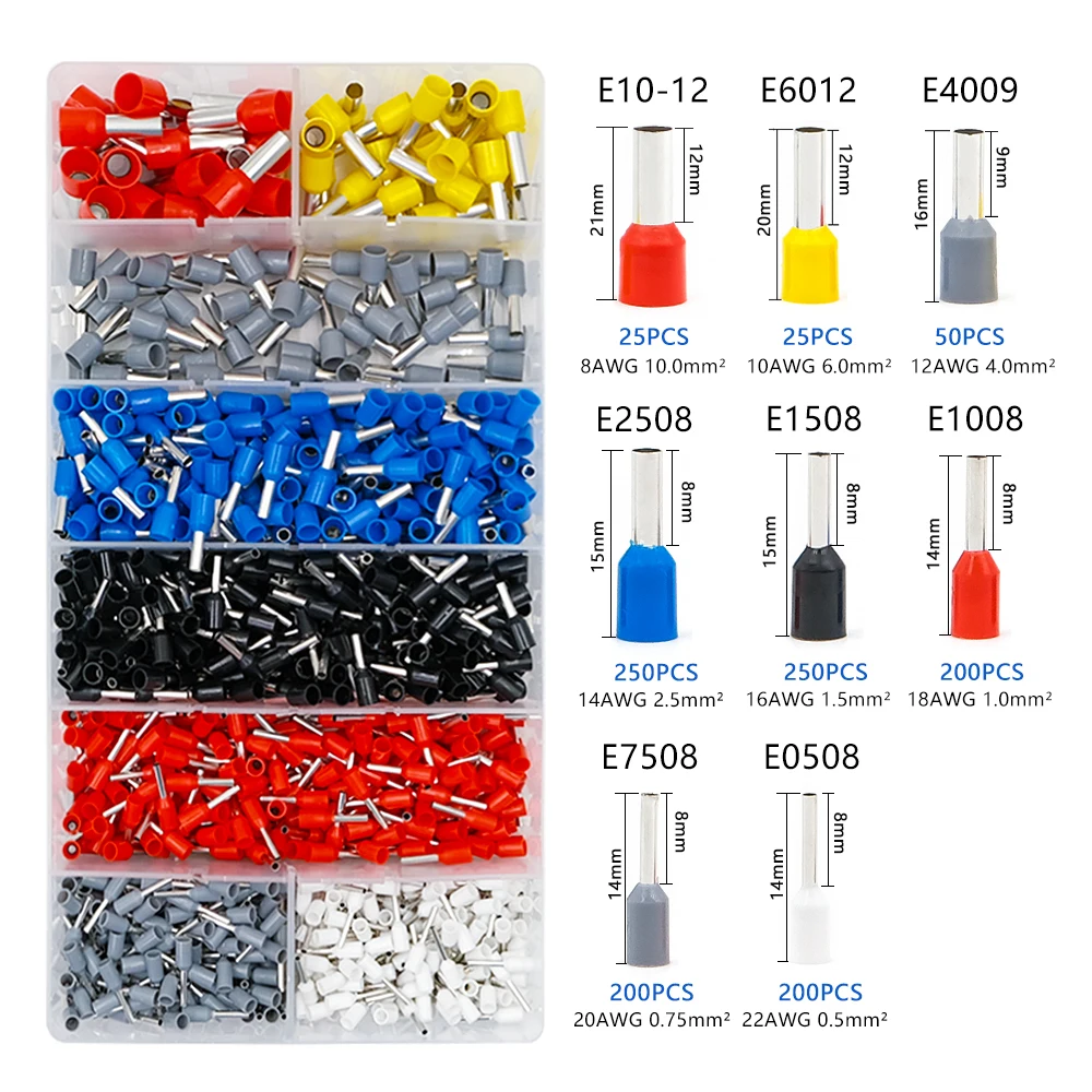 1200pcs Insulated Crimp Ferrule Terminals Kit Brass Wire Cord Ends E10-12 6012 4009 2508 1508 1008 7508 0508