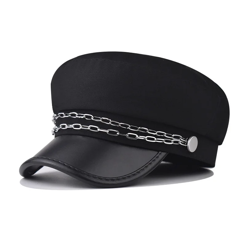 

Newsboy Hats Octagonal Hat Silver Chain Spring American Trend Versatile PU Beret Personality British Fashion Military Hat