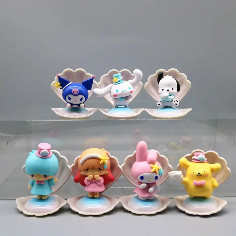 7pcs Sanrio Kuromi Doll Model Action Anime Figures Mymelody Blue Sea Holiday Shell Doll Model Esports Room Desktop Ornament Gift