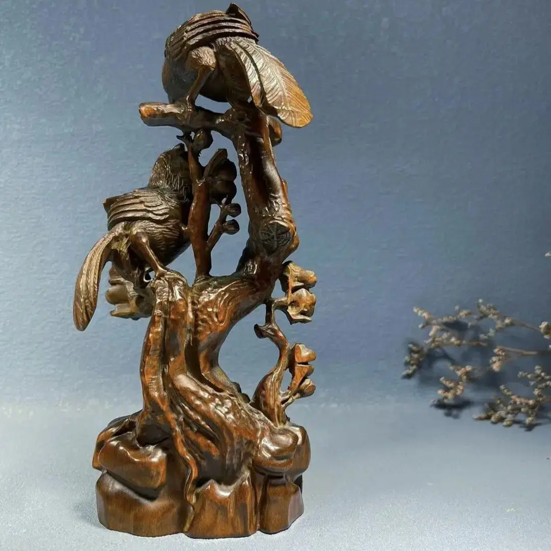 Hand Carved Wood good luck Flowers and birds Statue Figurine Desktop Ornaments Home Decoration