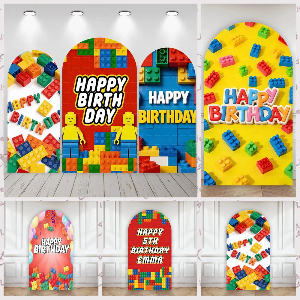 Colorful Building Blocks Arch Background Custom Name Children Boy Happy Birthday Party Baby Shower Decoration Photography Props