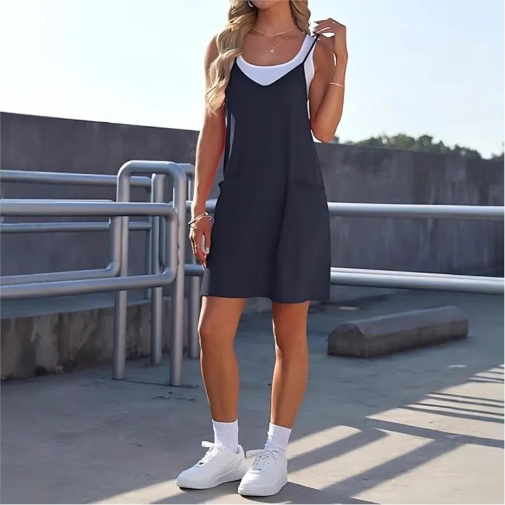 Casual jurk met spaghettibandjes Dames 2025, zomer, O-hals T-shirts, zakjurken, tweedelige sets