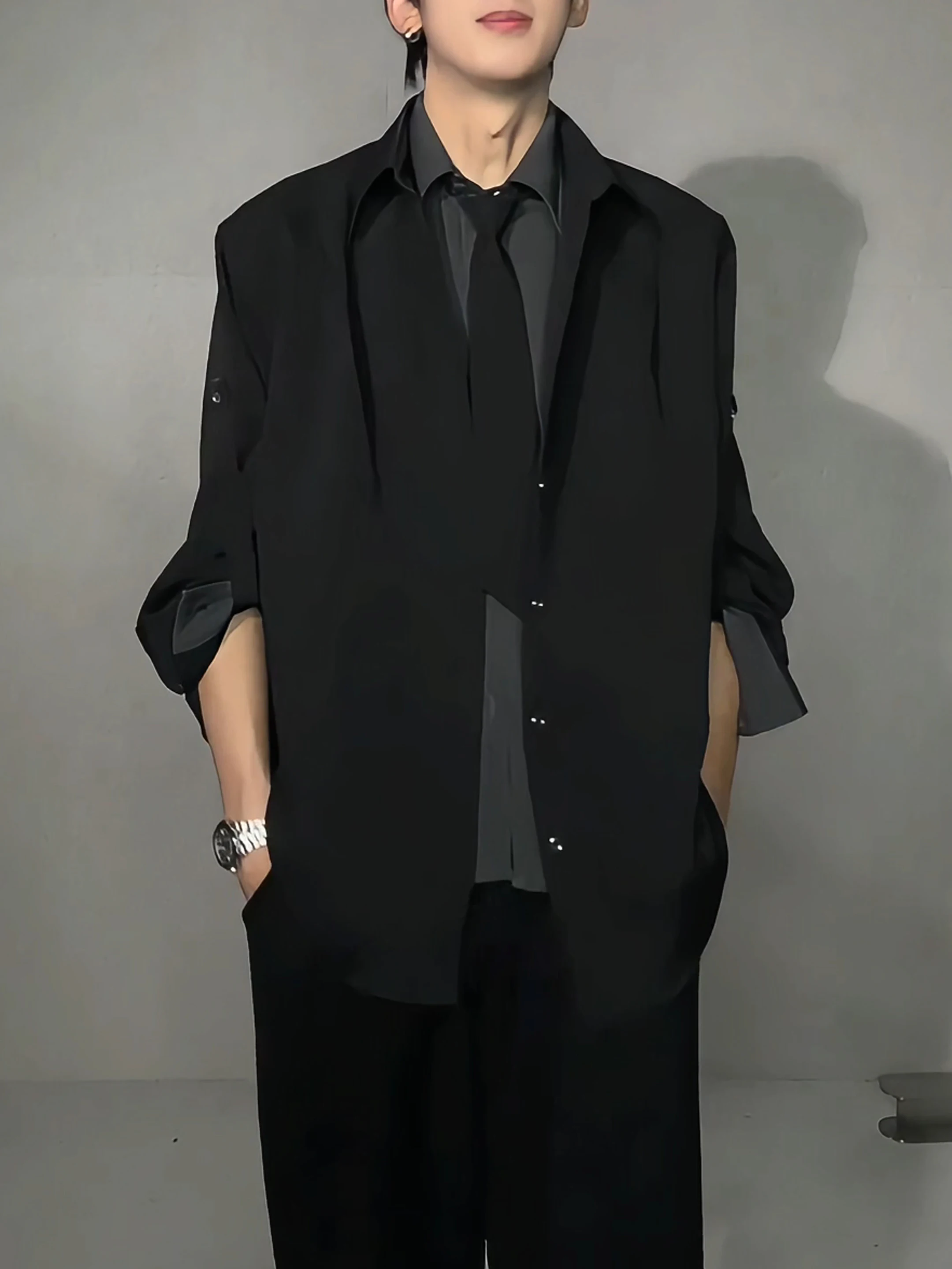 

Cool Haome Plaid Tie irt Men's Early Autumn High Sensation Design Cool Haome Match irt Coat Loose Fit Fake Two-Piece