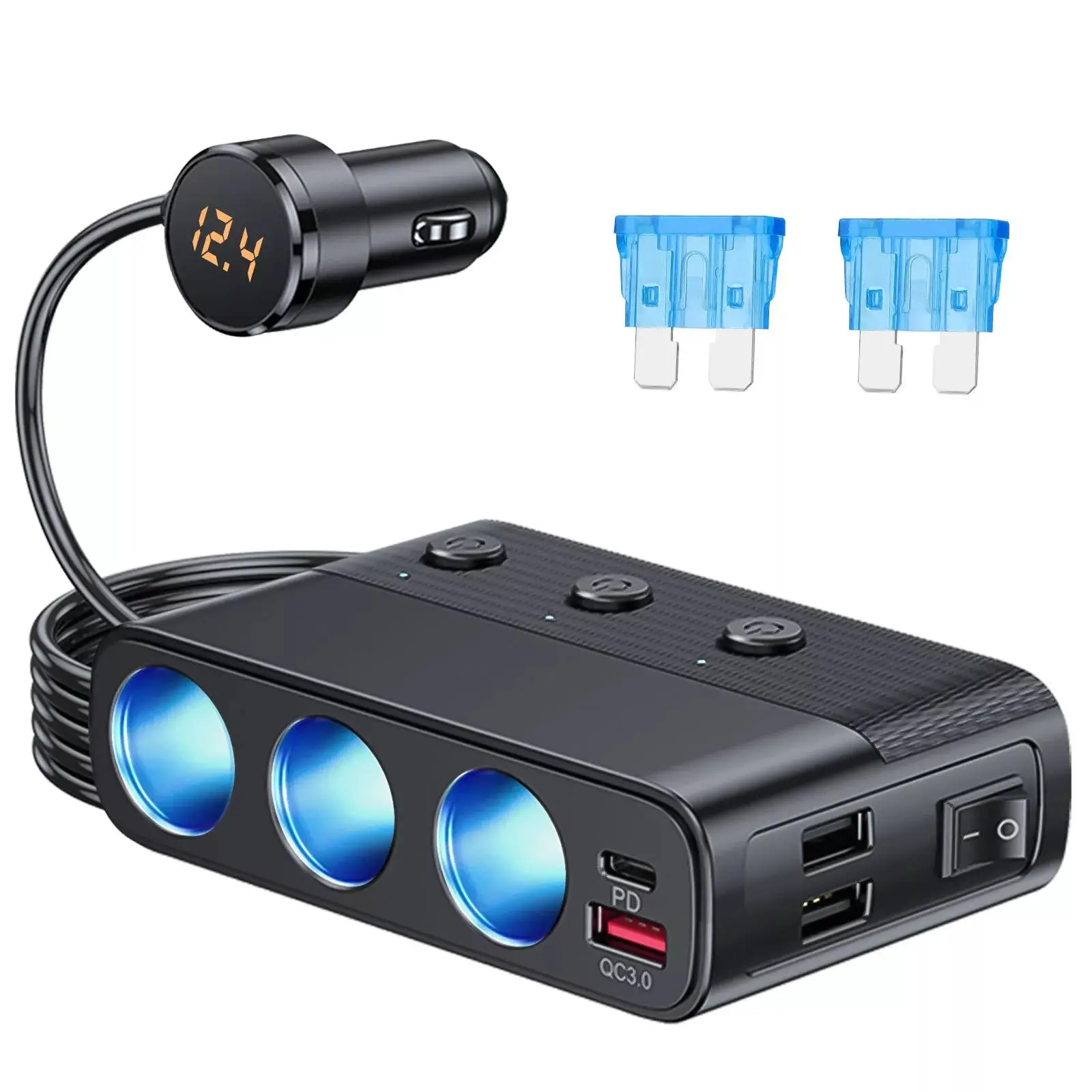 127W Car Charger Splitter Multi-Ports PD 30W QC3.0 Cigarette Lighter Adapter Car Cigarette Lighter Socket Splitter With Switch