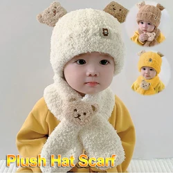 Warm Baby Hat and Scarf Set Cute Bear Thickened Winter Hat for Boys and Girls Windproof Fleece Newborn Photography Accessories
