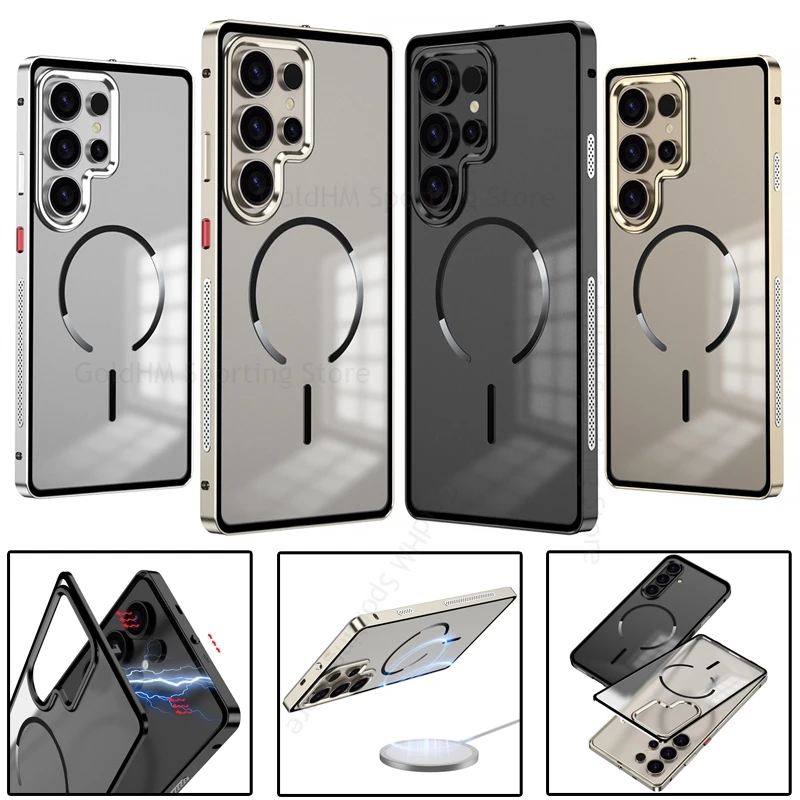 

Tempered Glass Phone Magnetic Matte Case For Samsung S25 S24 Ultra Wireless Charging Alloy For Magsafe Cover For Galaxy S25 Plus