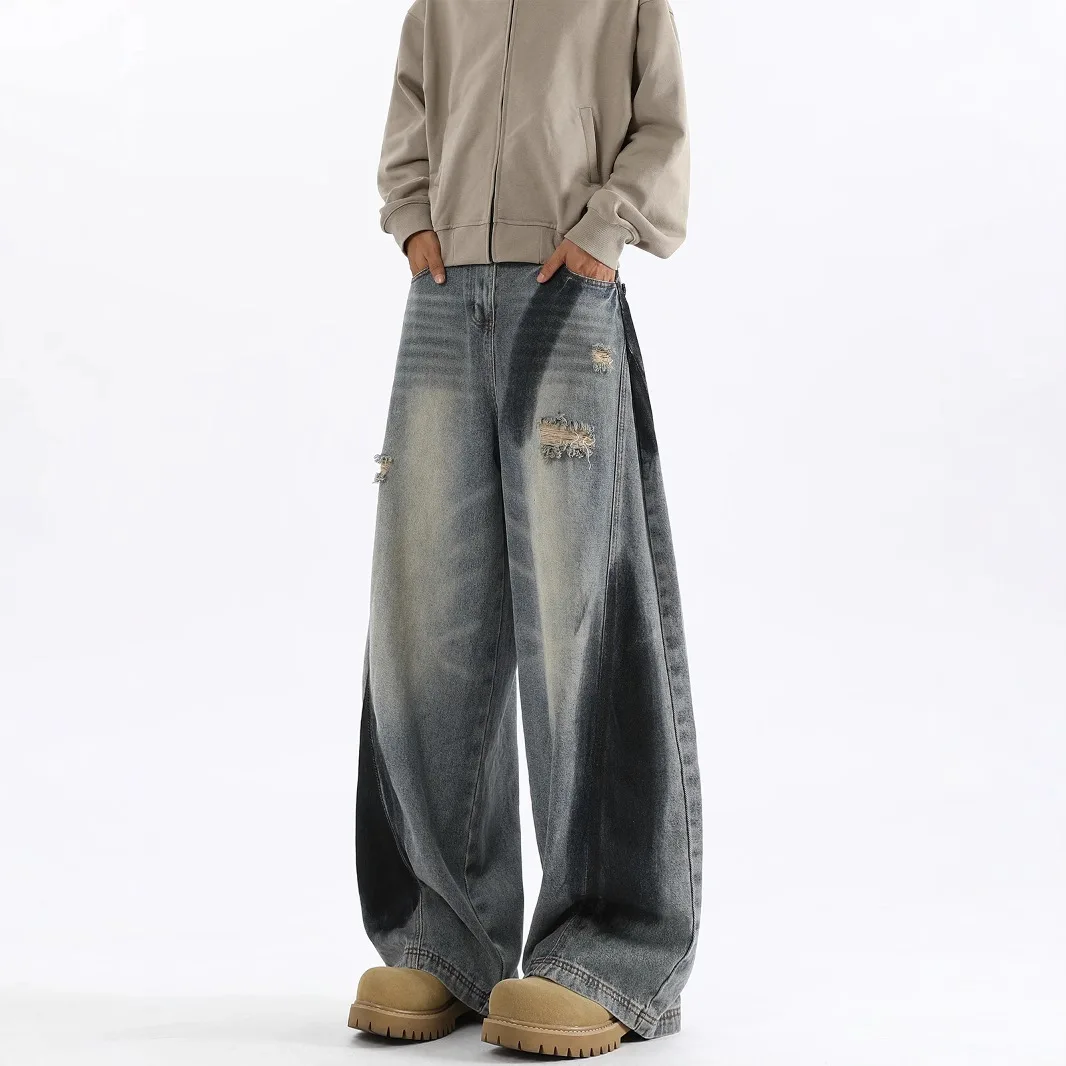 Autumn New Fashion Men's Splashed Ink Casual Trendy Loose Simple Basic Wide Leg Denim Trousers Male Hole Patched Jeans Pants